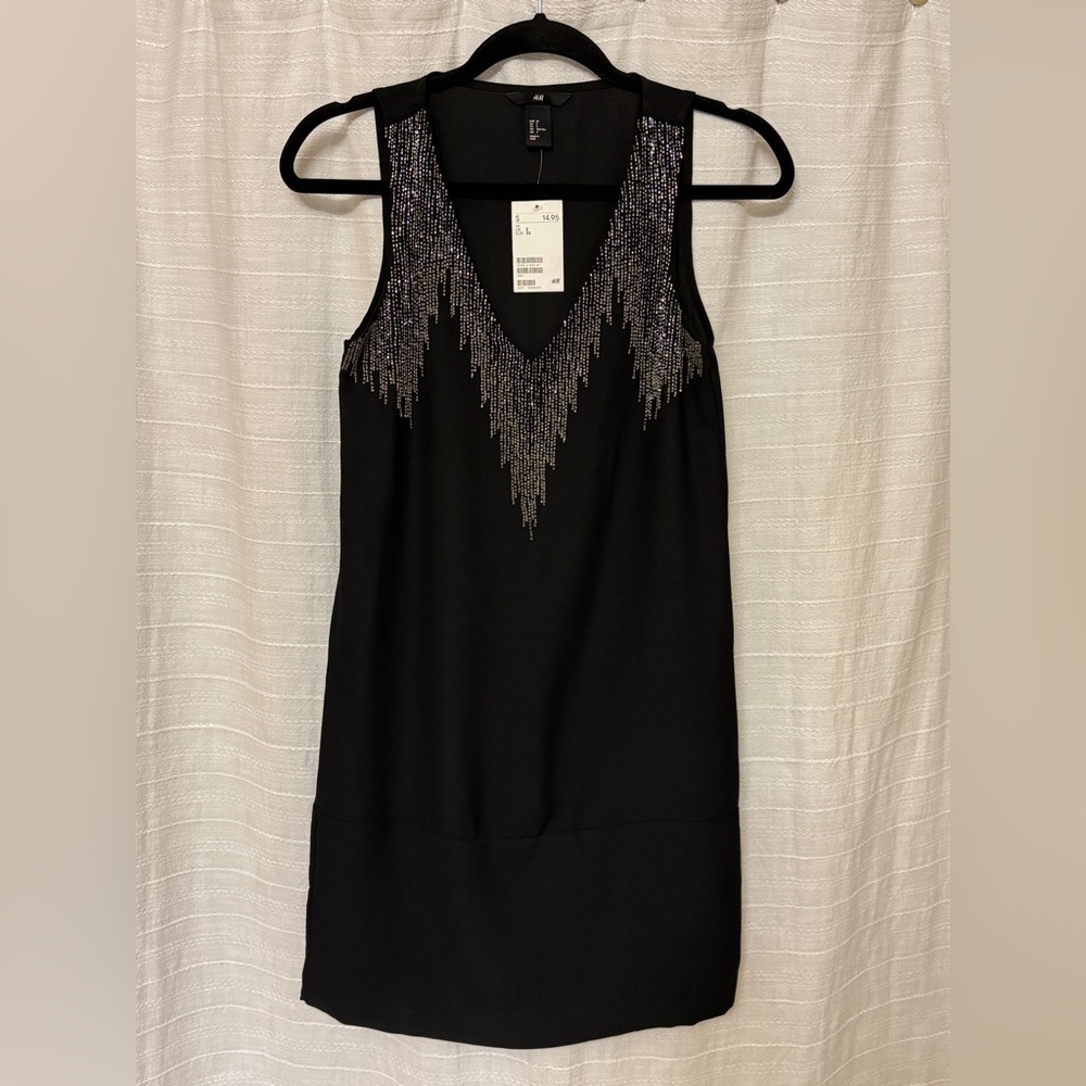 H&M Black Mini Dress with Silver Bead Accents, Size 2